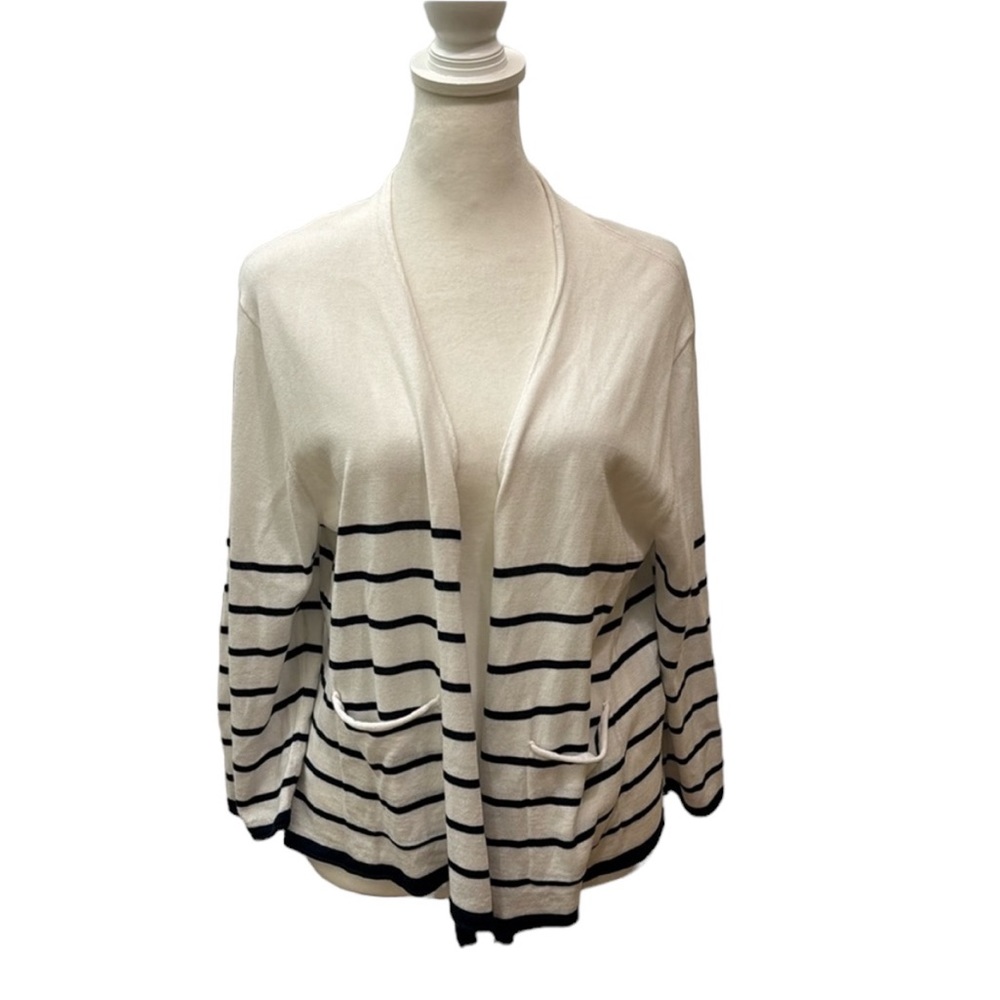 G and C United Knitwear Lightweight Cardigan in white w/navy stripes. M. GUC